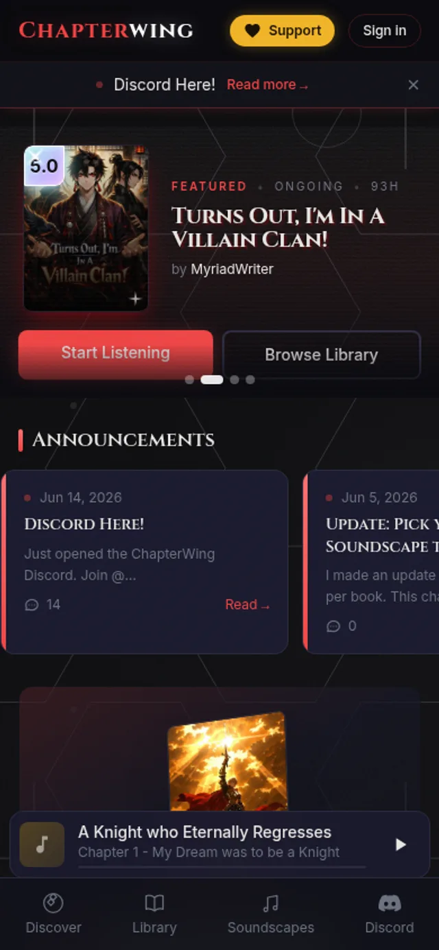 ChapterWing library on a phone showing audiobook covers and ratings