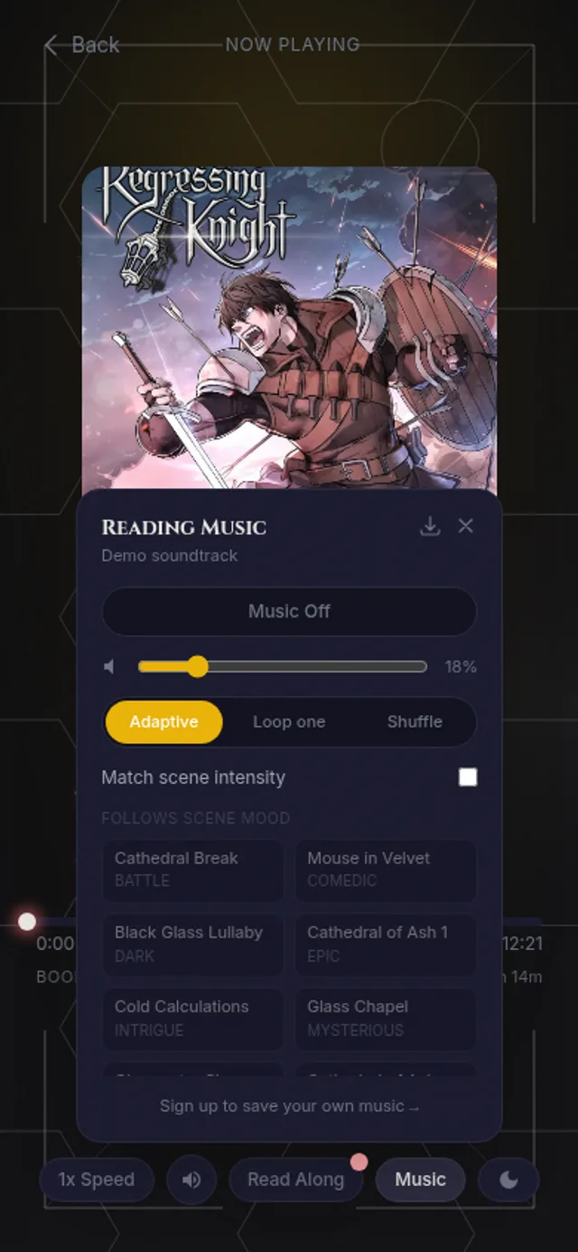Reading Music menu on a phone with adaptive mood tracks like Battle, Dark, and Epic