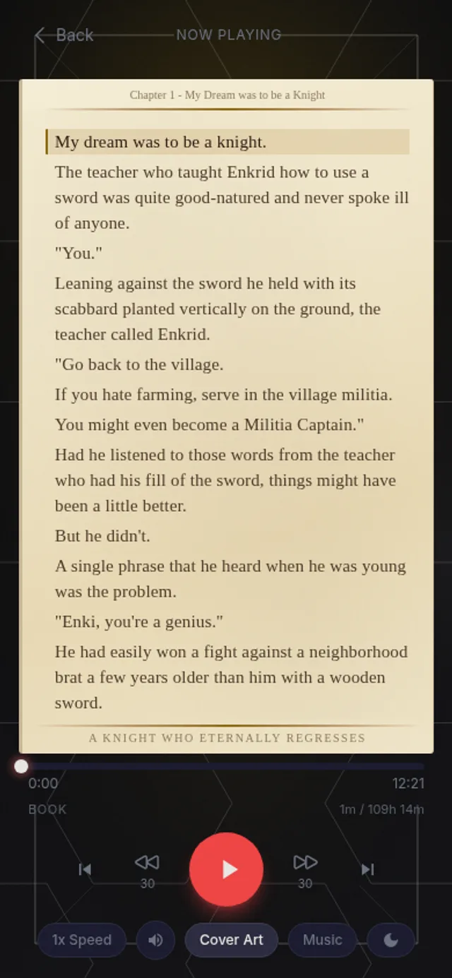 Read Along view on a phone — the chapter text highlighted in sync with the narration